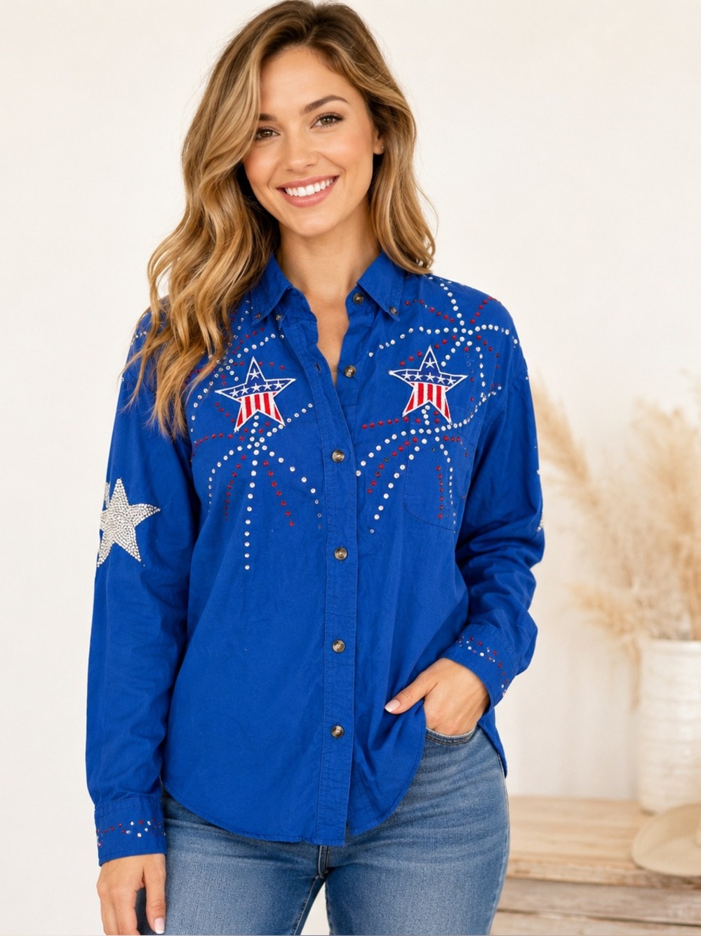 Roper Blue Patriotic Rhinestone Star Western Button Up Shirt Size Medium